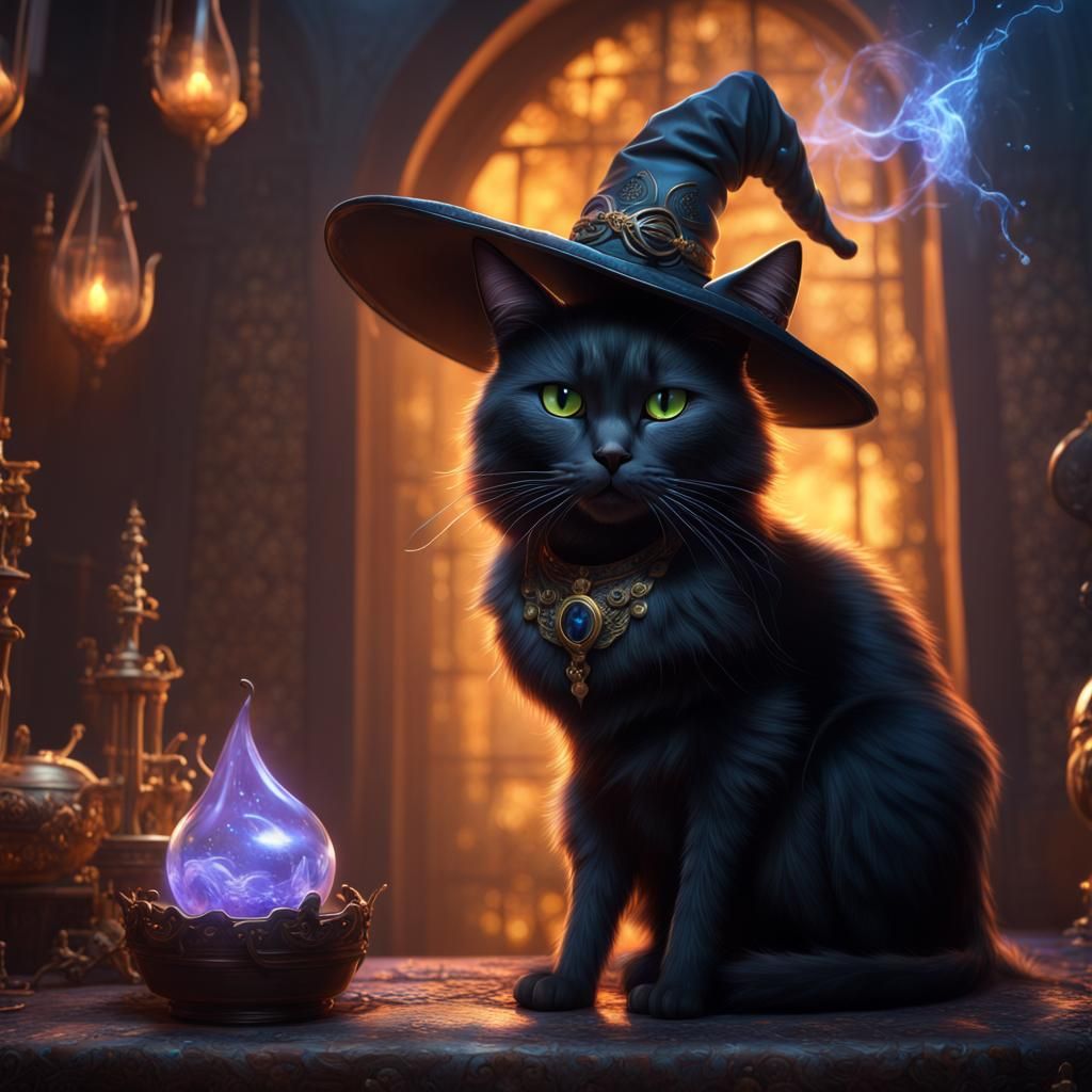 Enchanting Black Witch Cat in Fantasy Oil Painting