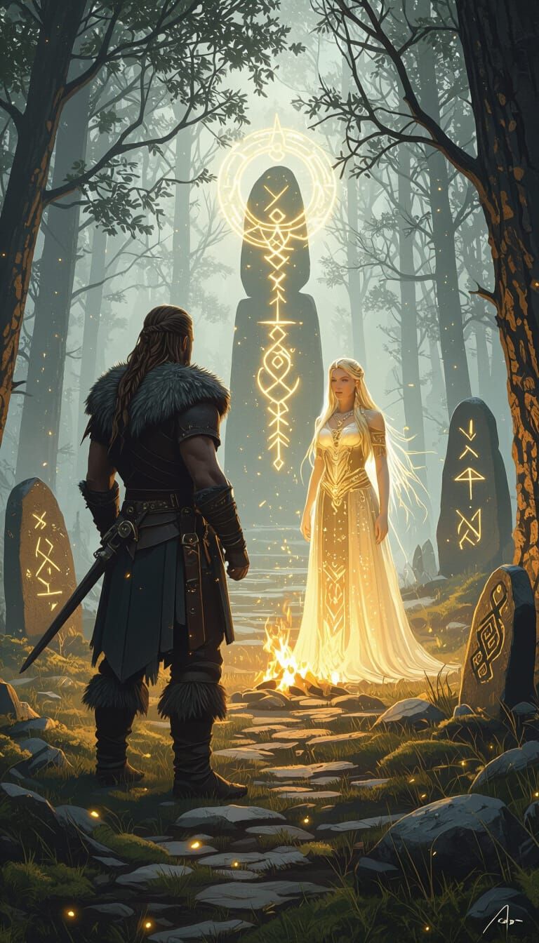 Mystical Norse Warrior and Spirit in Forest Glade