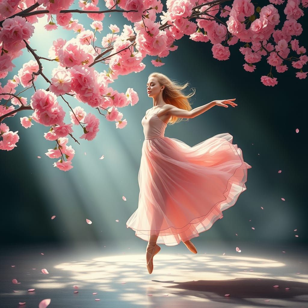 Ballet Dancer Under Cherry Blossoms in Whimsical Light