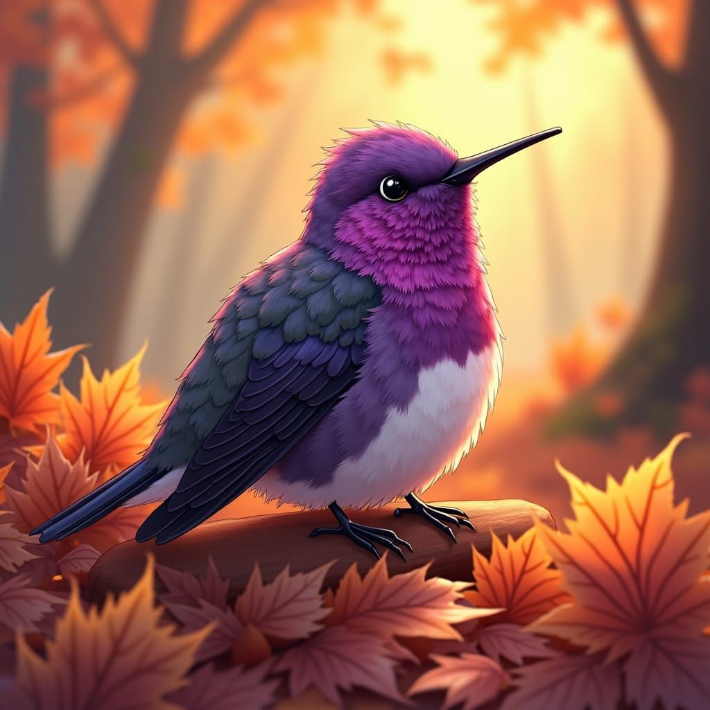 Iridescent Hummingbird in Autumn Forest, Anime Style