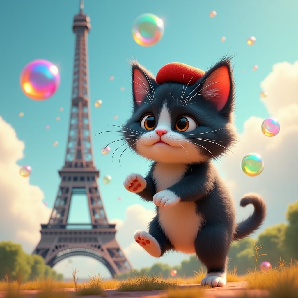 Cat Chasing Bubbles with Eiffel Tower: Pixar-esque Scene