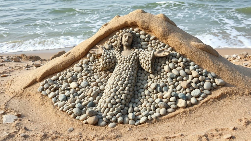 Jesus Sculpture Blown by Wind in Bas-Relief Art