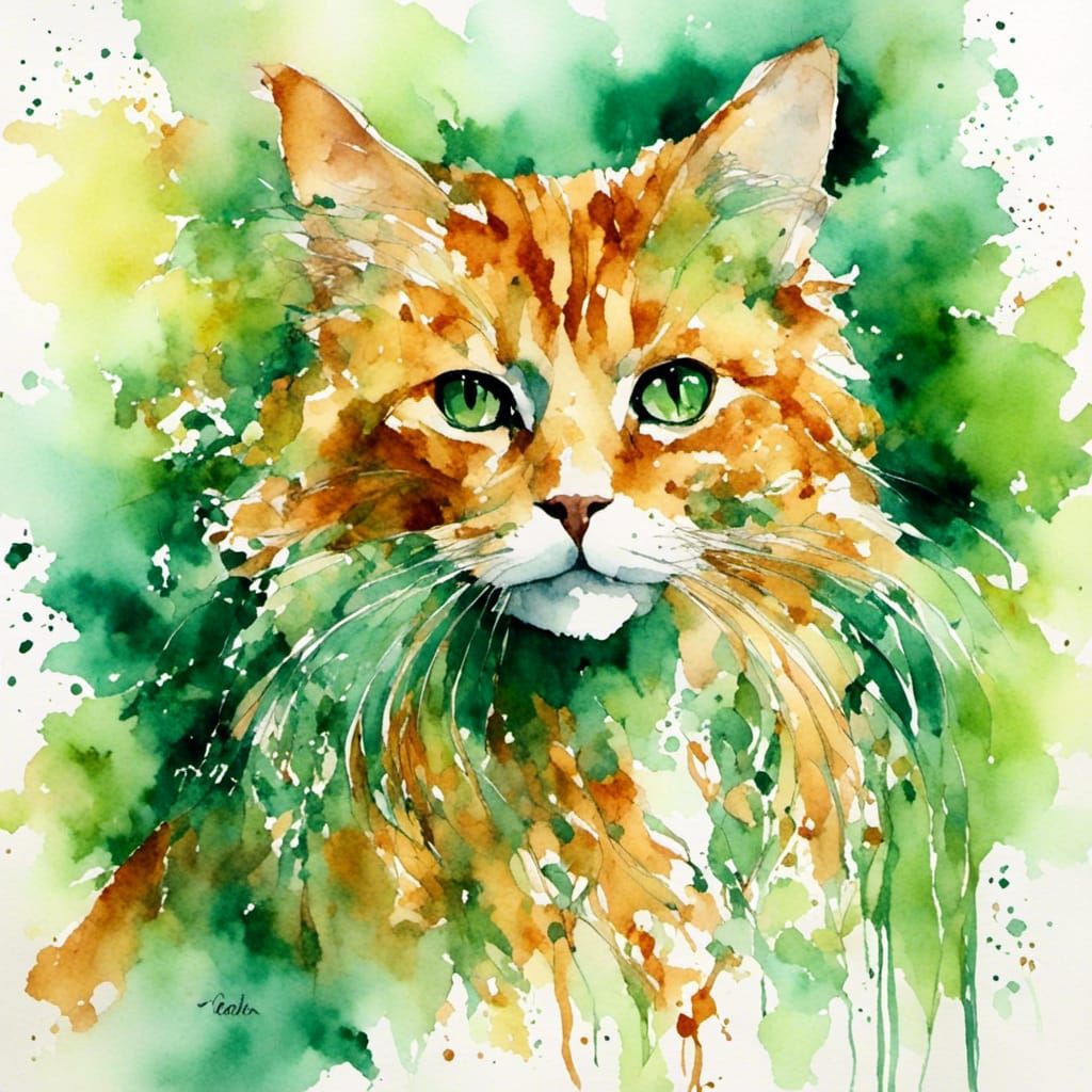 Ginger Cat Portrait in 70s Watercolor Style