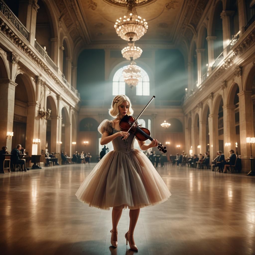 Crossdressing Violinist in a Grand Hall, Cinematic Style