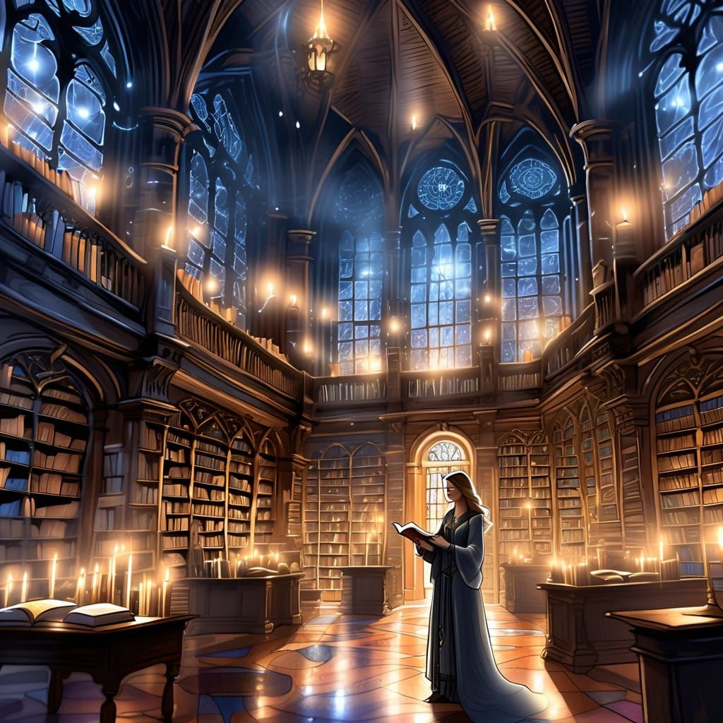 Ethereal Librarian Spirit in Ancient Library: Pencil Sketch