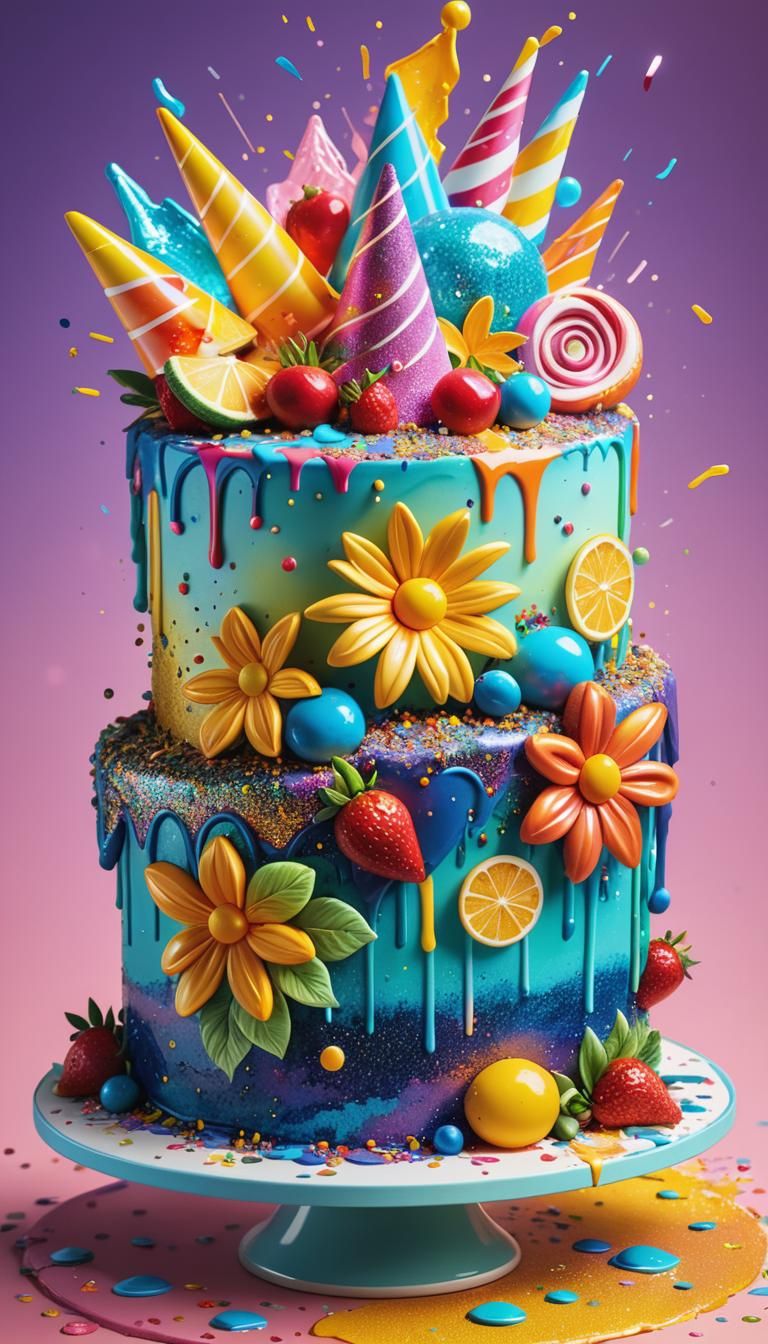 Sparkling Summer Birthday Cake in Splash Art Style