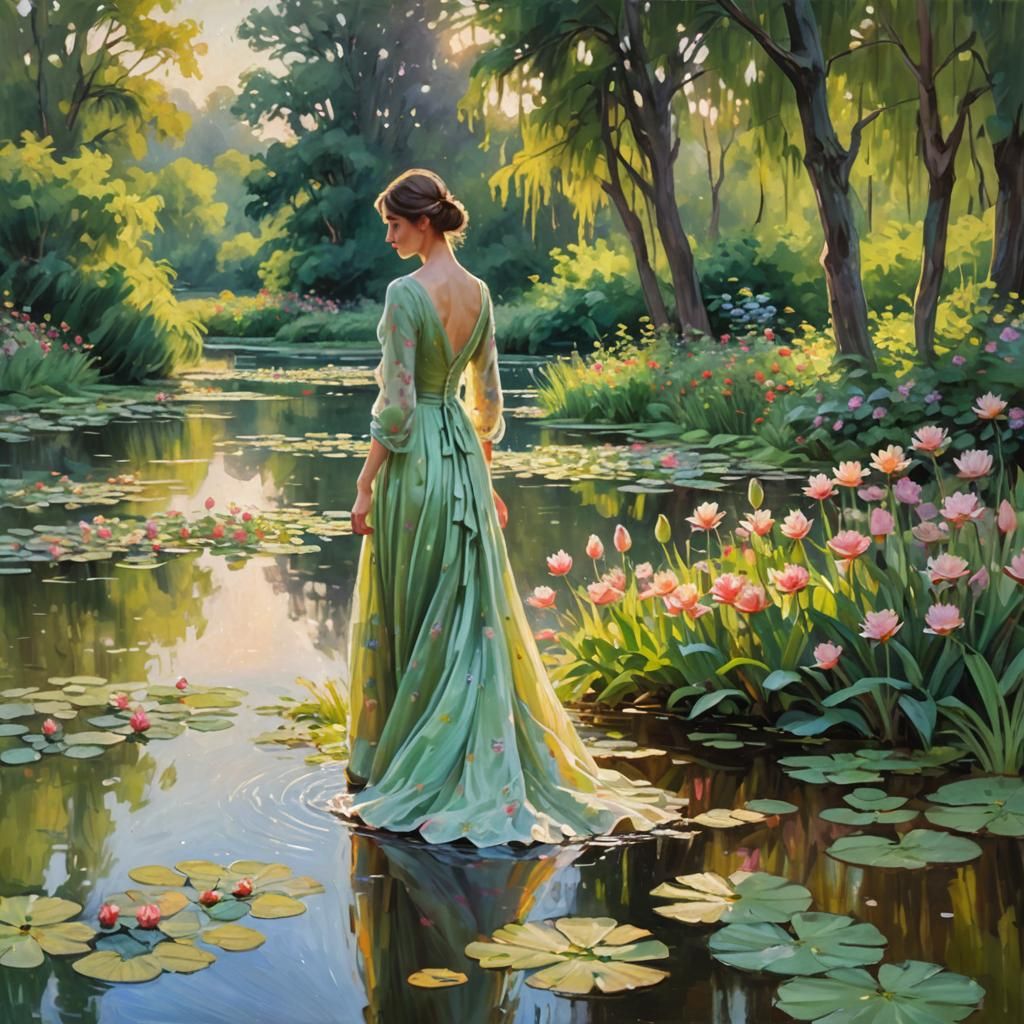 Impressionist Woman by Pond in Lush Garden