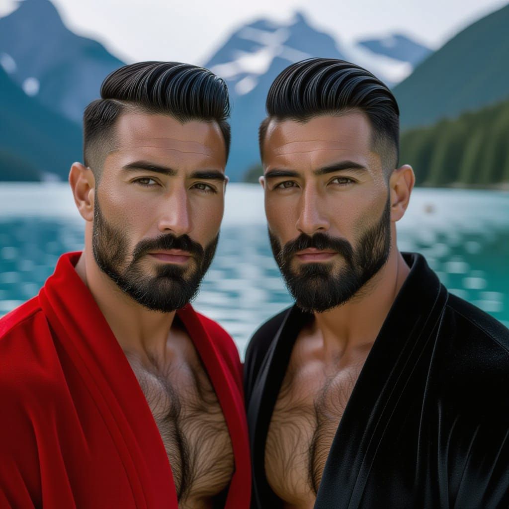 Handsome Men by Mountain Lake in Neo-Impressionist Style