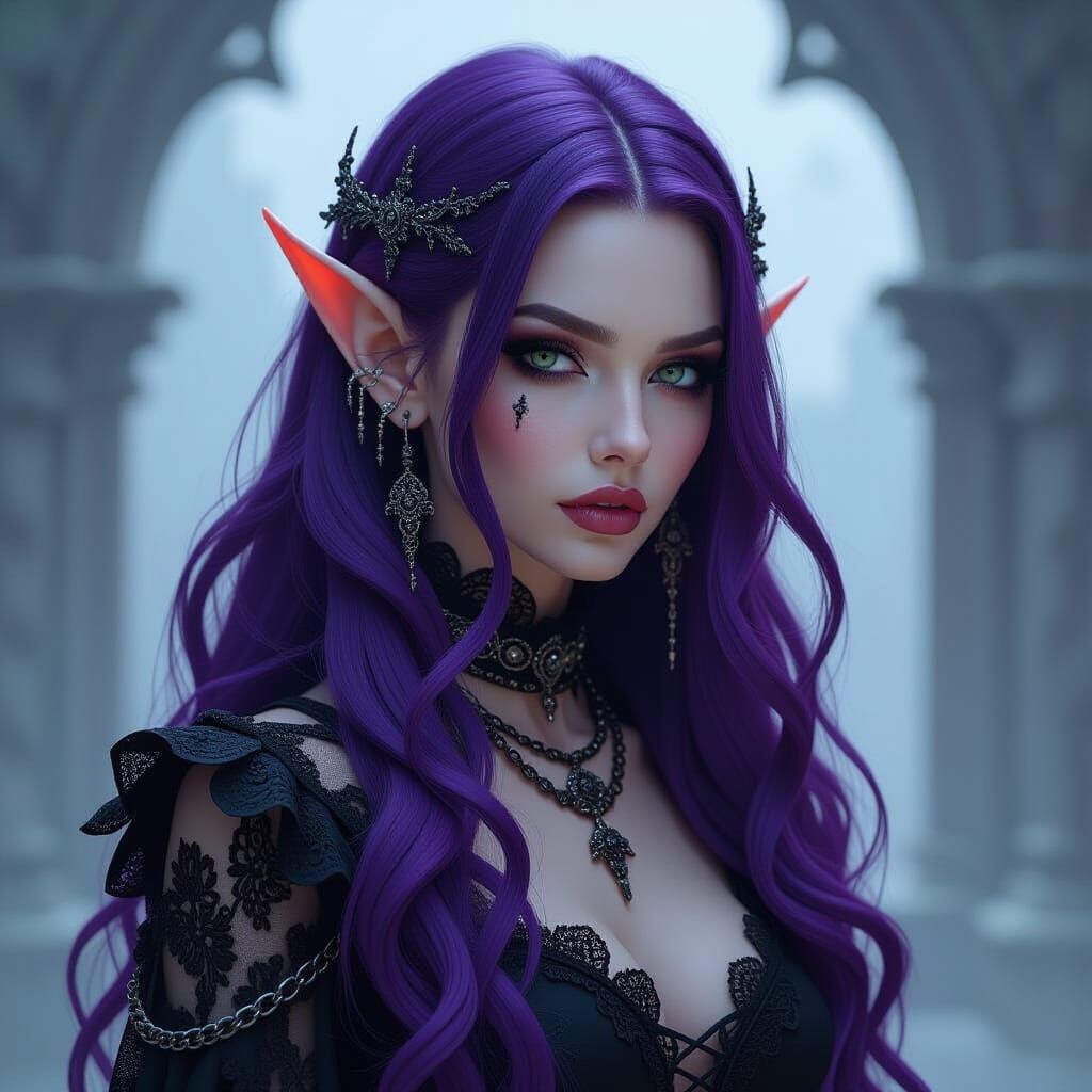 Mysterious Elf with Purple Hair in Gothic Style