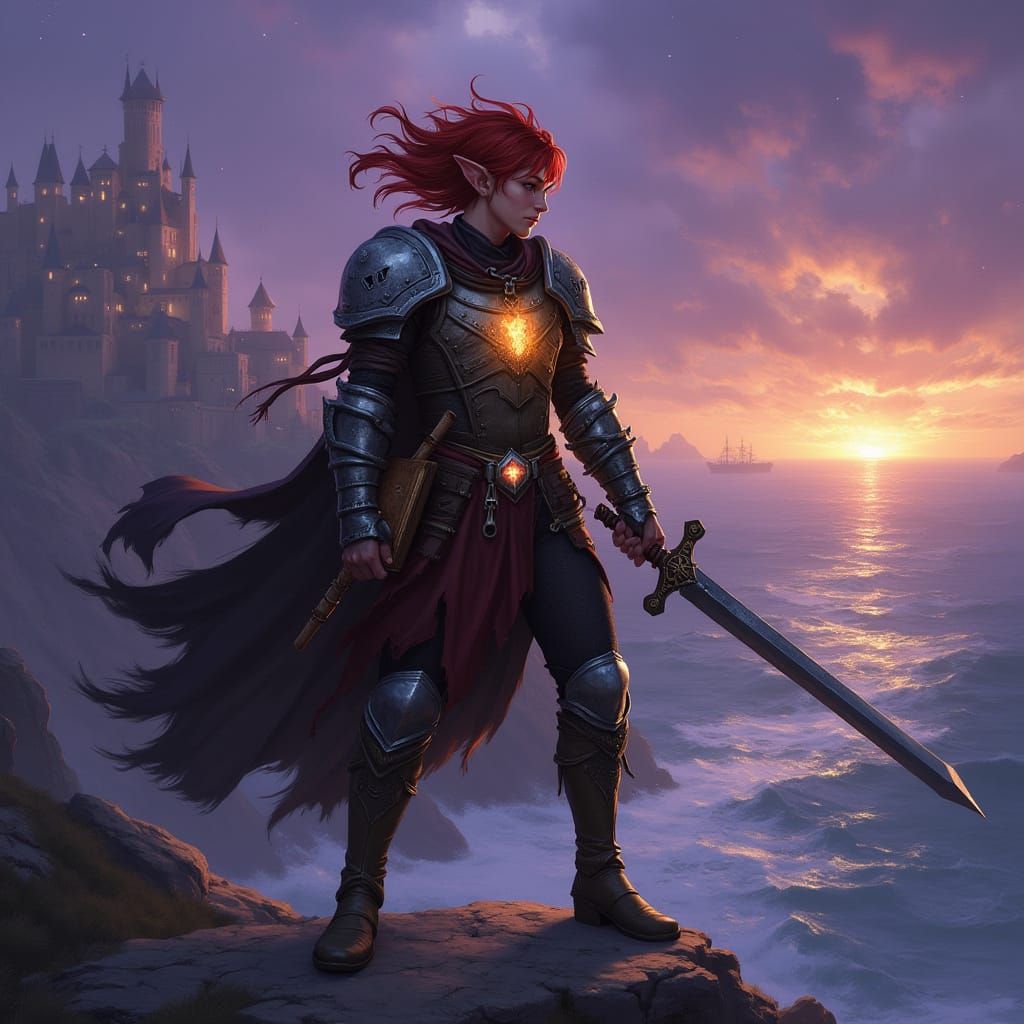 Heroic Half-Elf Rogue on Coastal Cliff