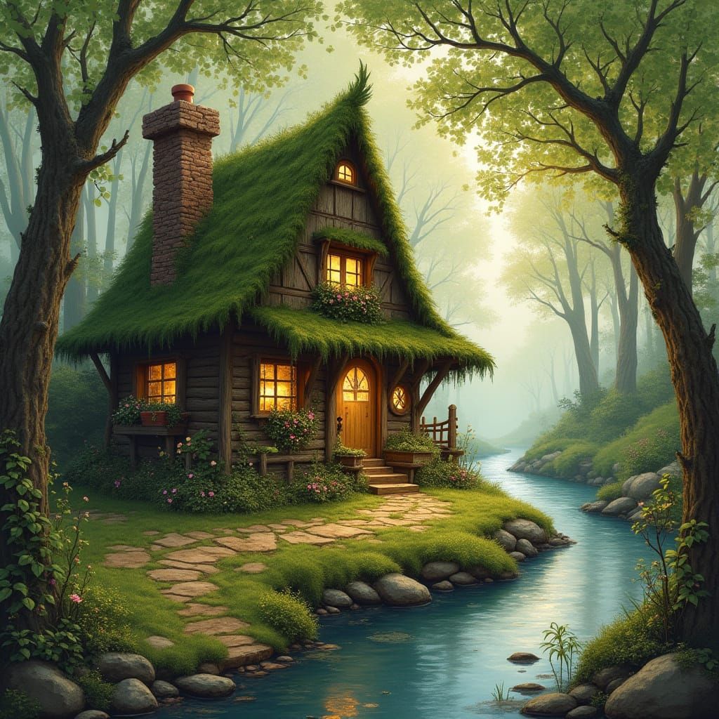 Whimsical Witch Cabin by Brook, Fairytale Illustration
