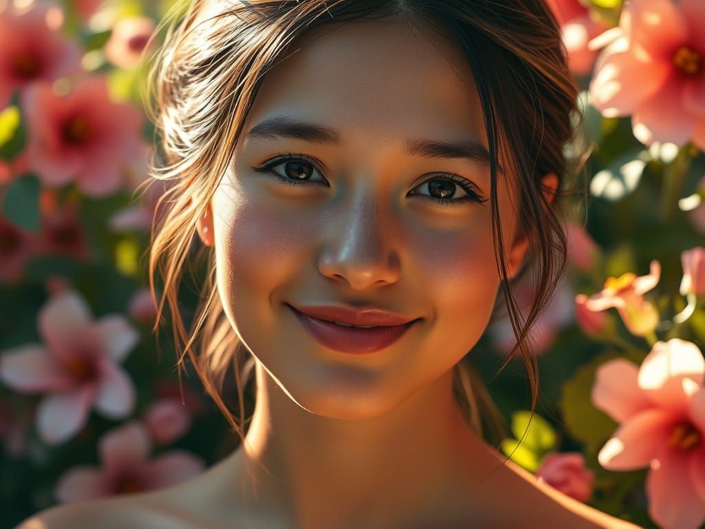 Young Woman Radiates Serene Beauty in Sunlit Bloom