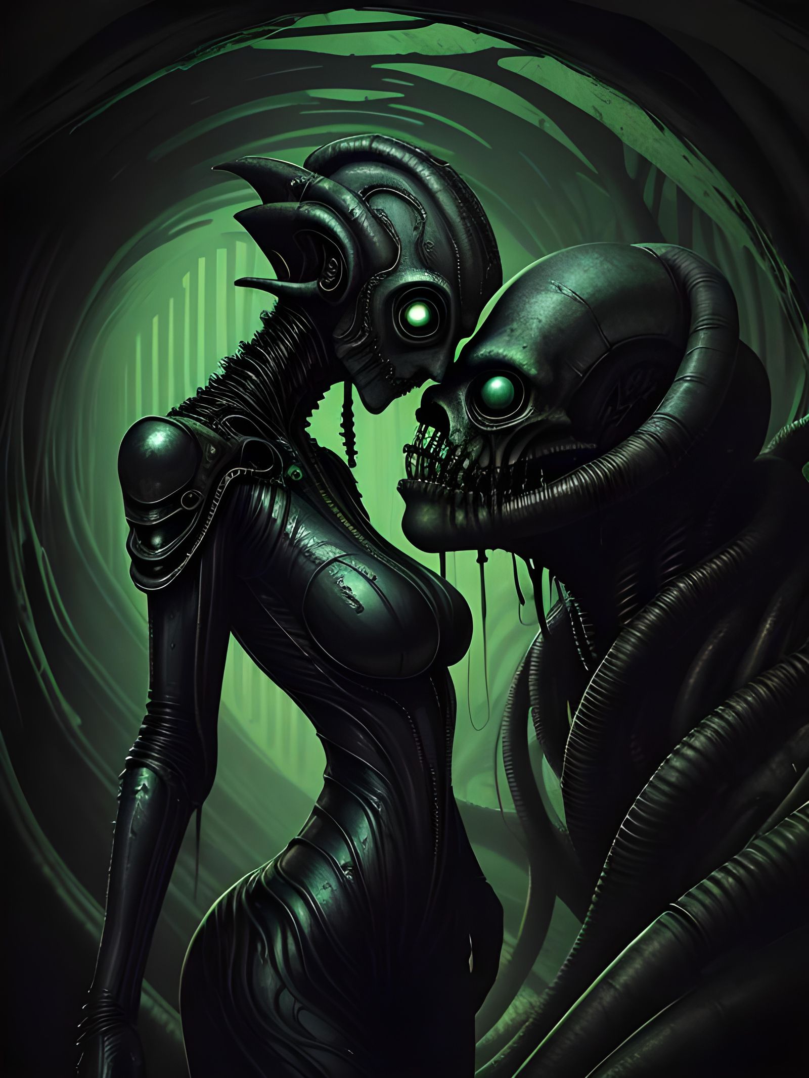 Victorian Woman's Embrace in Gigeresque Steampunk Tunnel