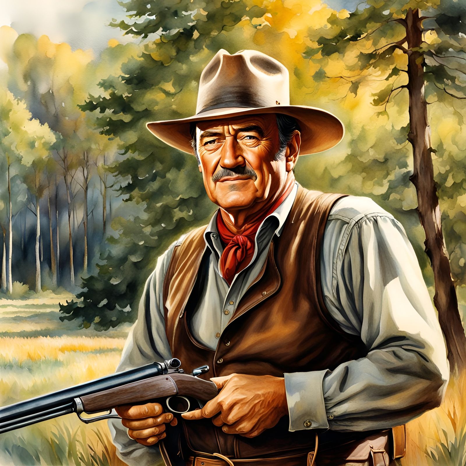 Hyperrealistic John Wayne Illustration in Watercolor Style
