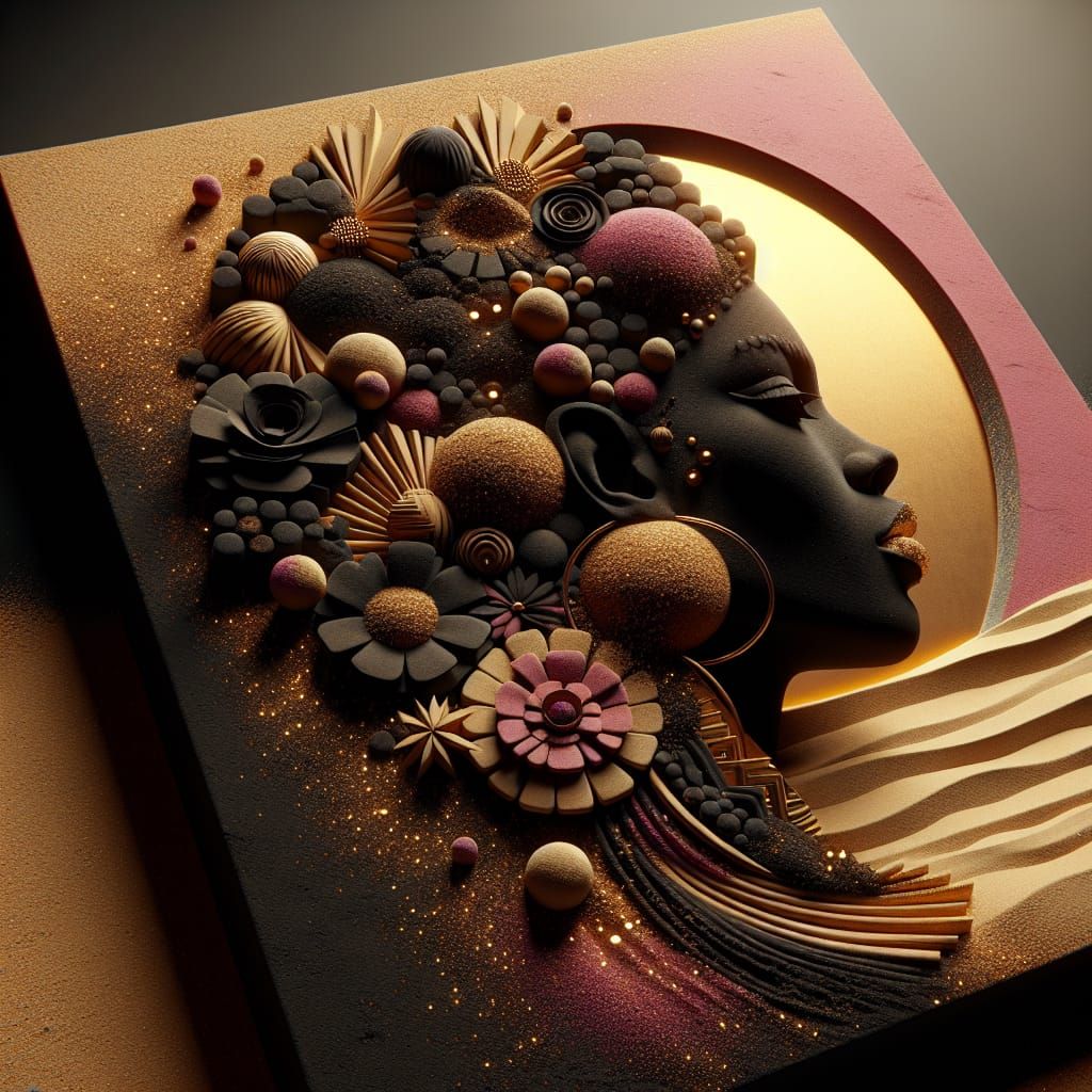 Maximalist 3D Sand Collage Portrait in Gold
