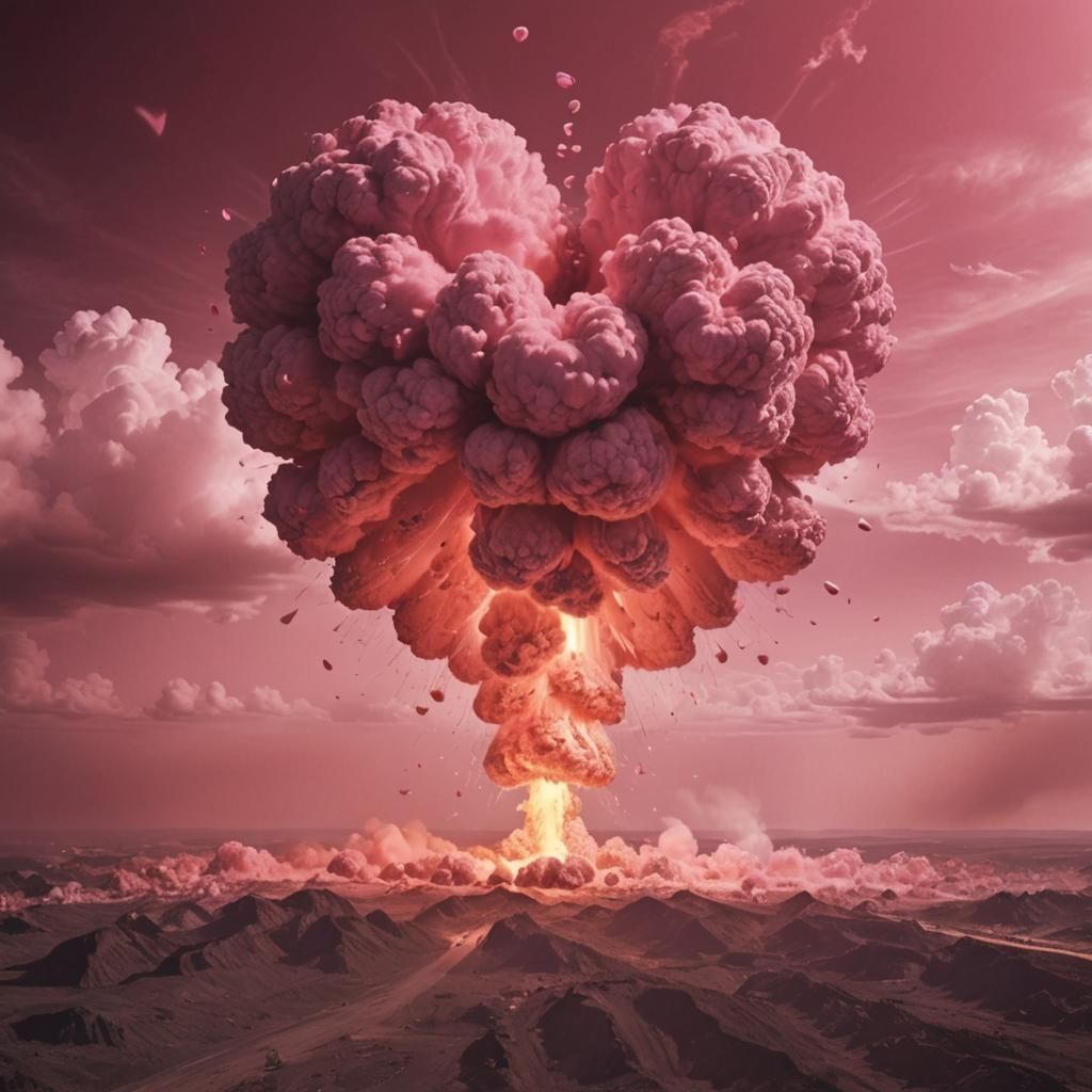 Surreal Nuclear Explosion with Pink Hearts