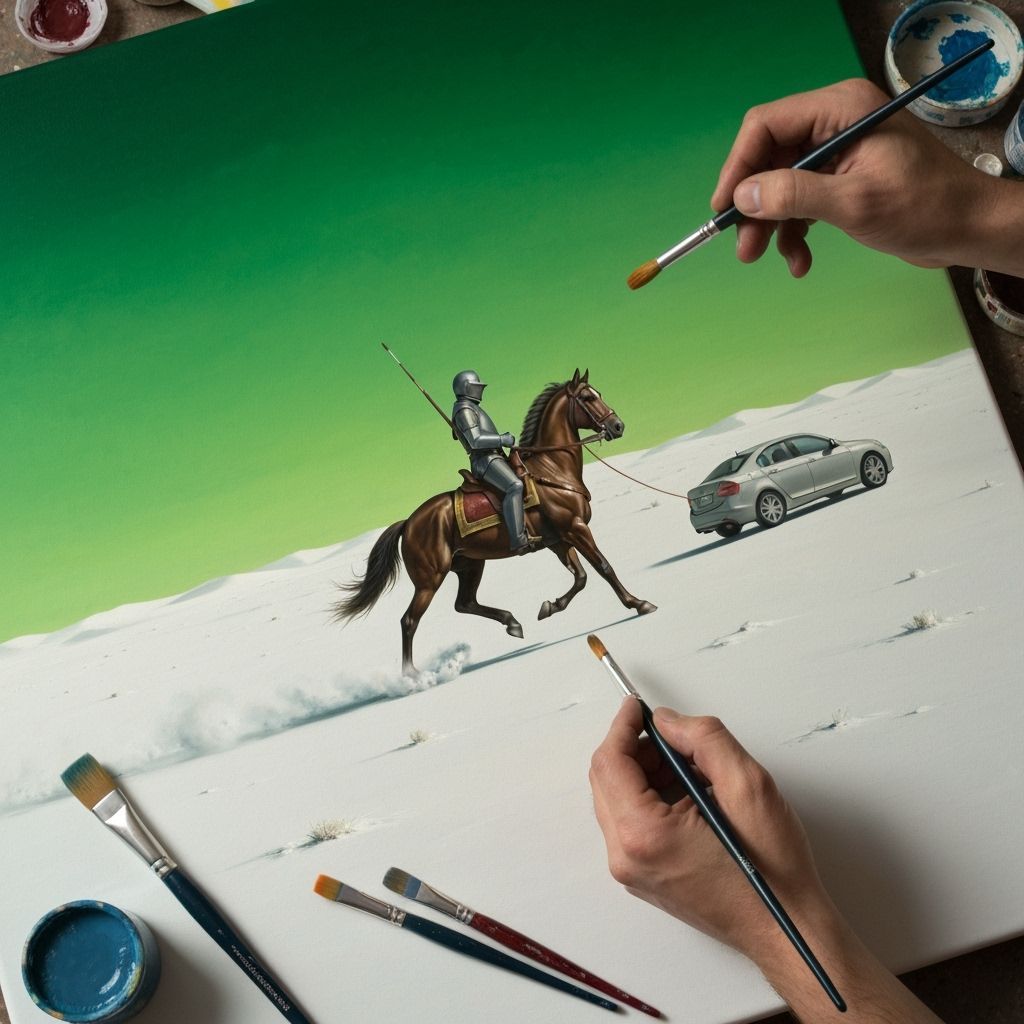 Hands Painting Surreal Knight Horse and Car Scene