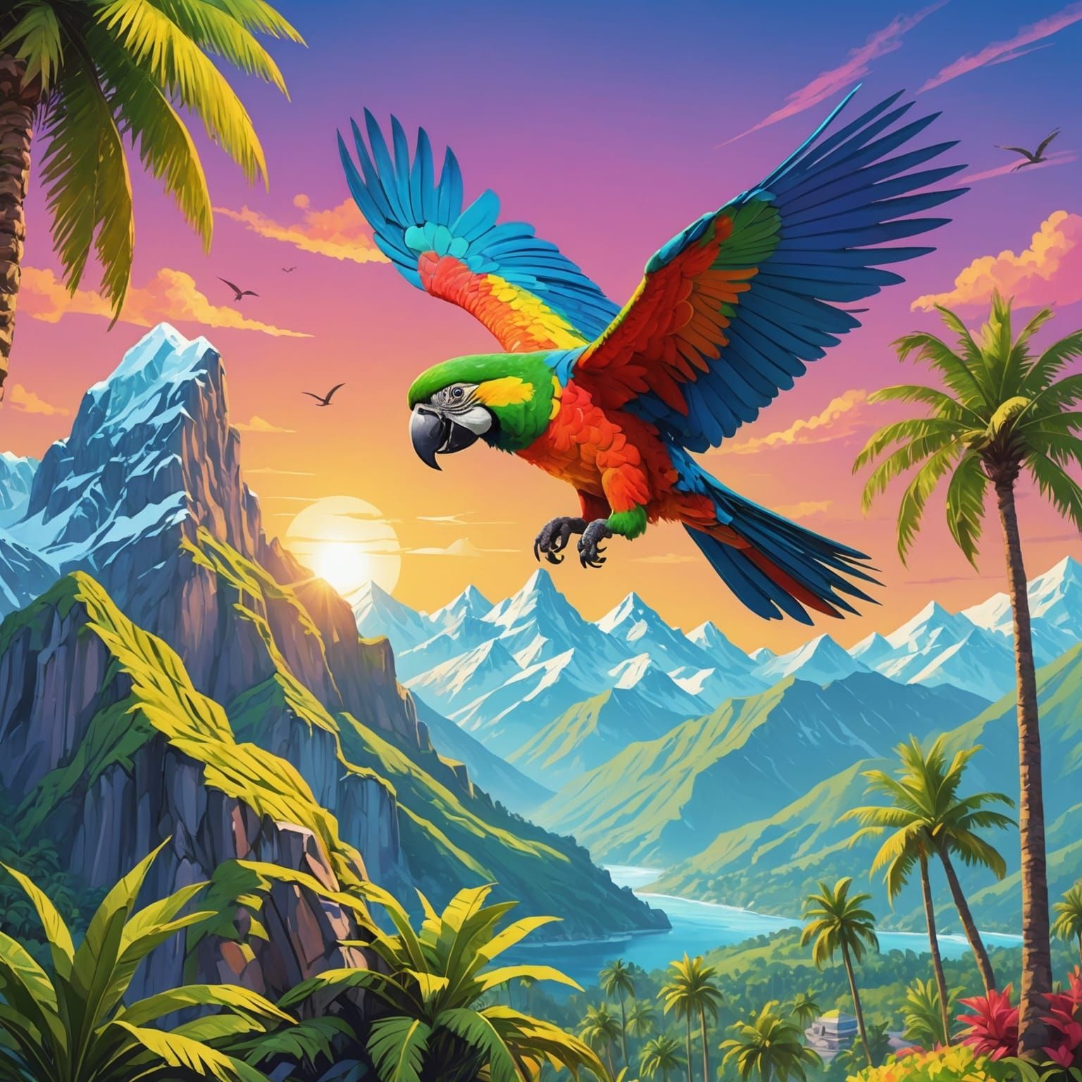 Exotic Parrot Flight over Frozen Mountain Vista