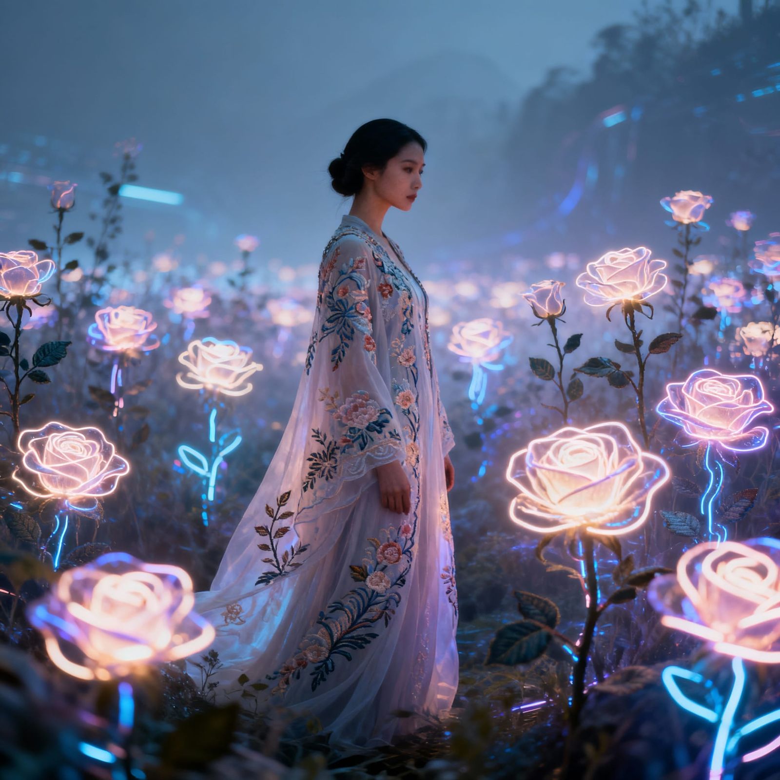 Refined Woman in Luminescent Roses, Futuristic Botanical Sty...
