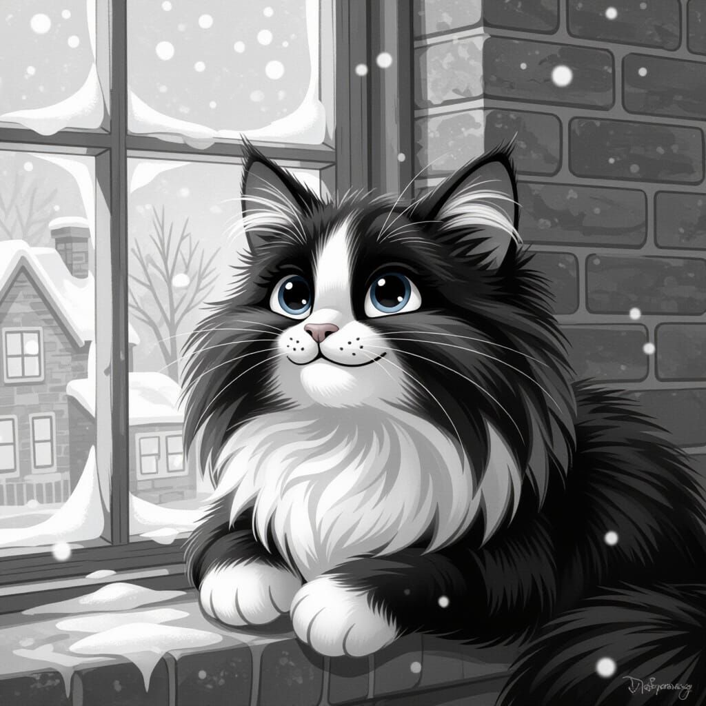 Cute Cat Dreaming of Snowfall in Pencil Drawing Style