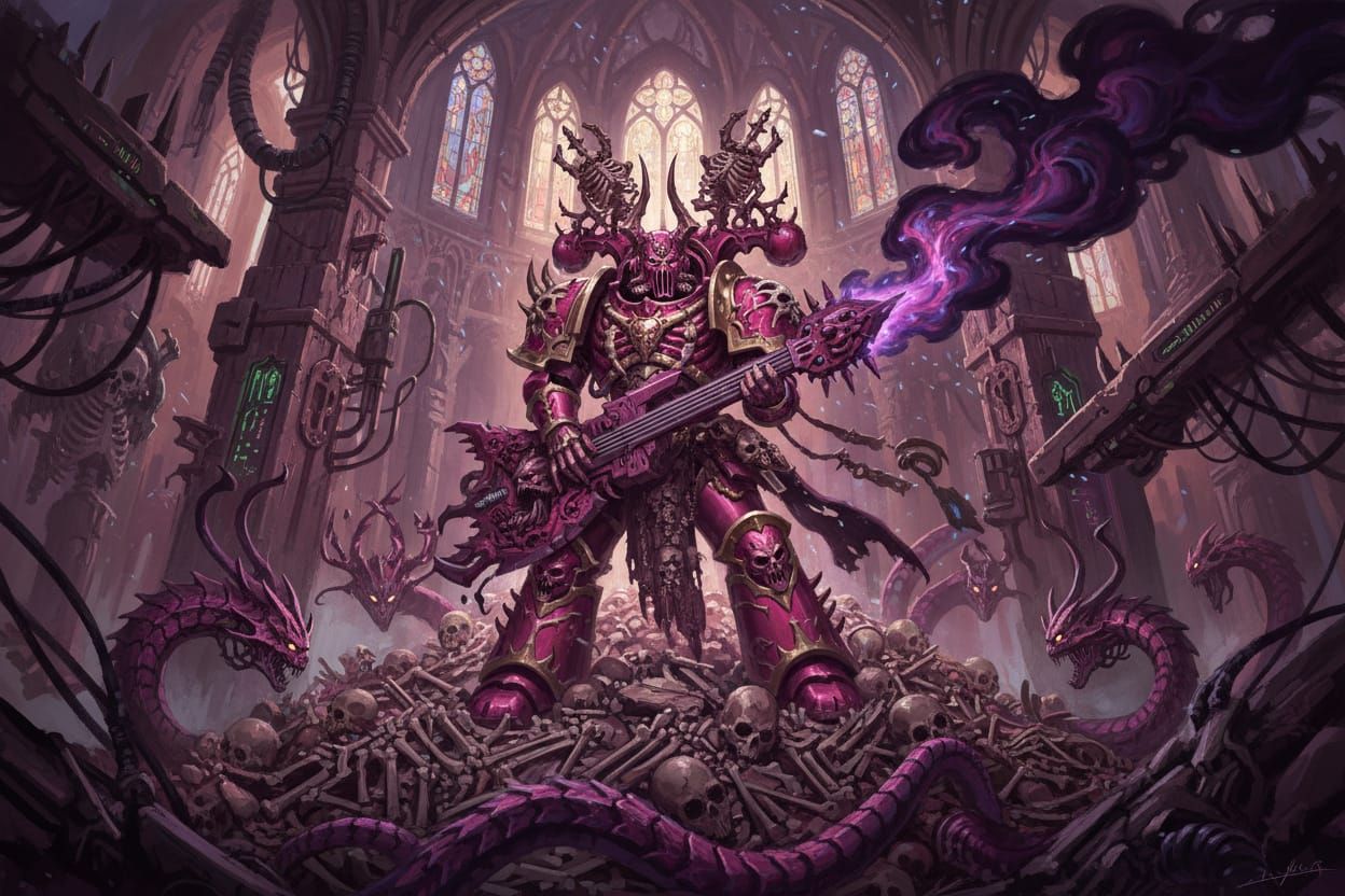 Slaaneshi Noise Marine in Gothic Cyberpunk Horror Style