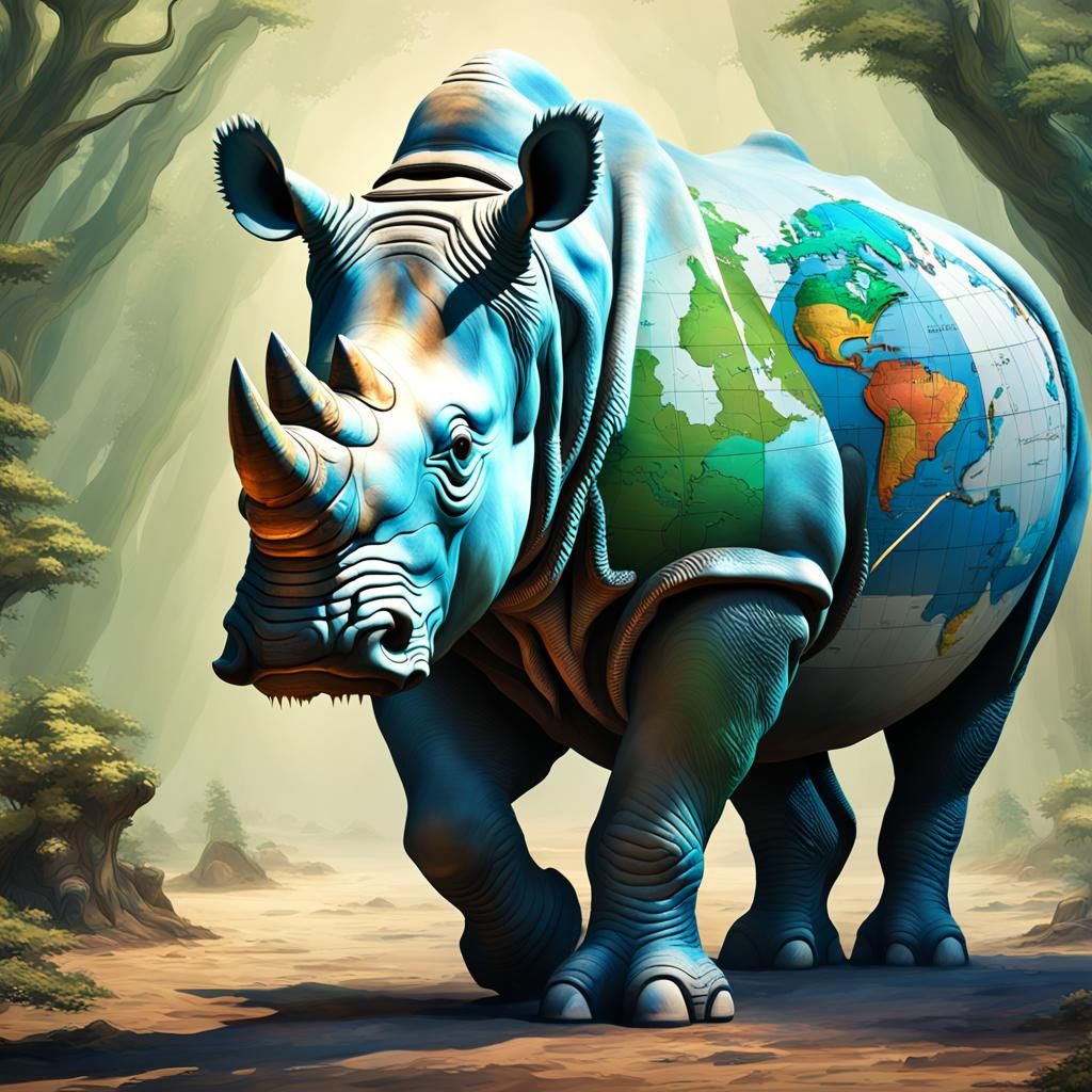 Giant Rhino Carries World Map: Detailed Fantasy Art