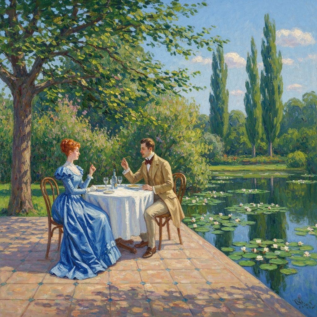 Impressionistic Cafe Scene with Couple in Period Attire