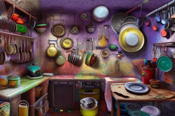 Cluttered Kitchen in Detailed Fantasy Concept Art