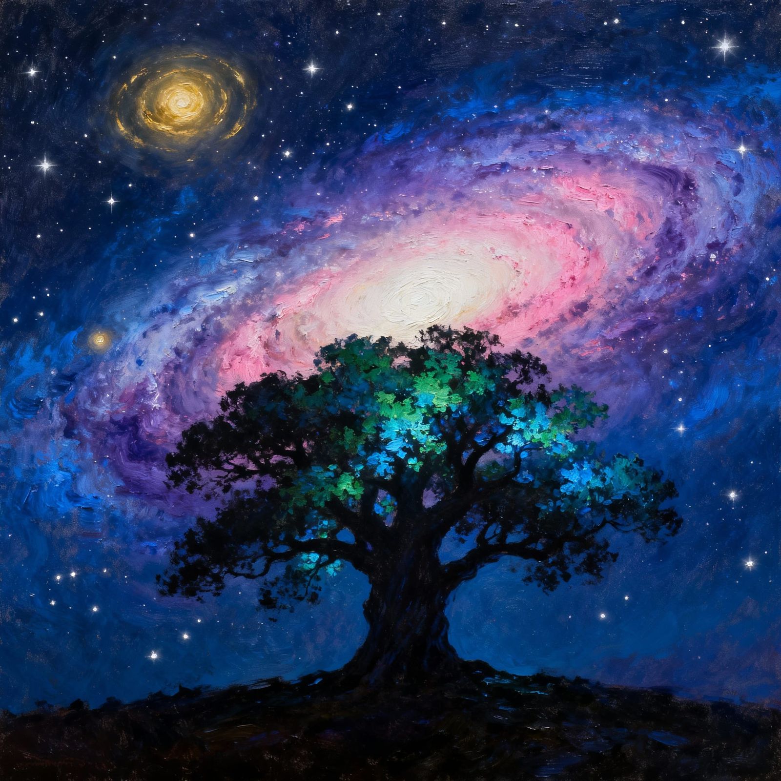 Whimsical Cosmic Landscape with Ancient Tree