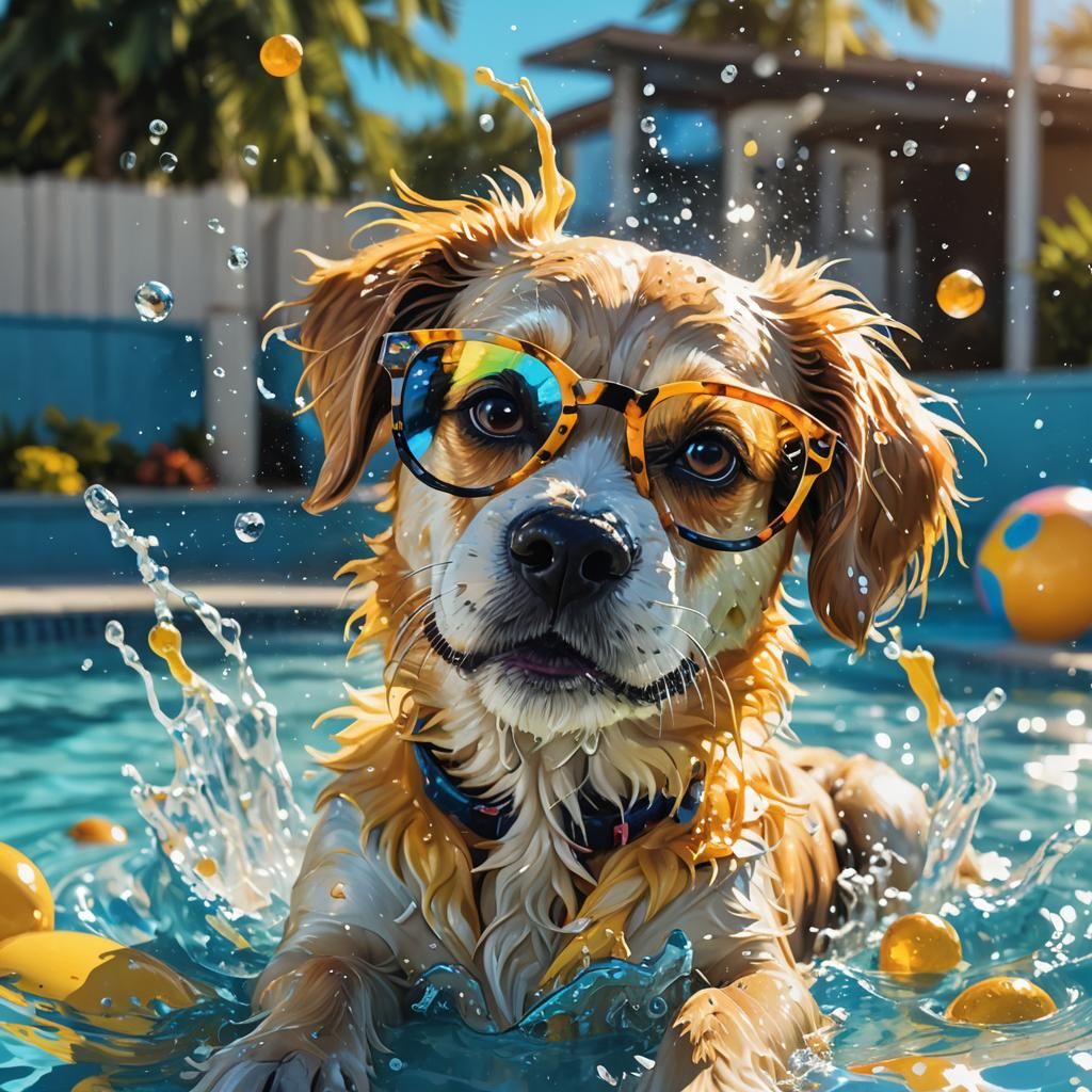 Dog in Pool with Glasses in Splash Art Style