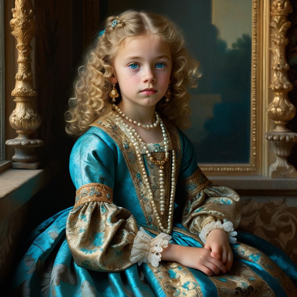 Renaissance Princess in Golden Palace, Wearing Brocade Dress...