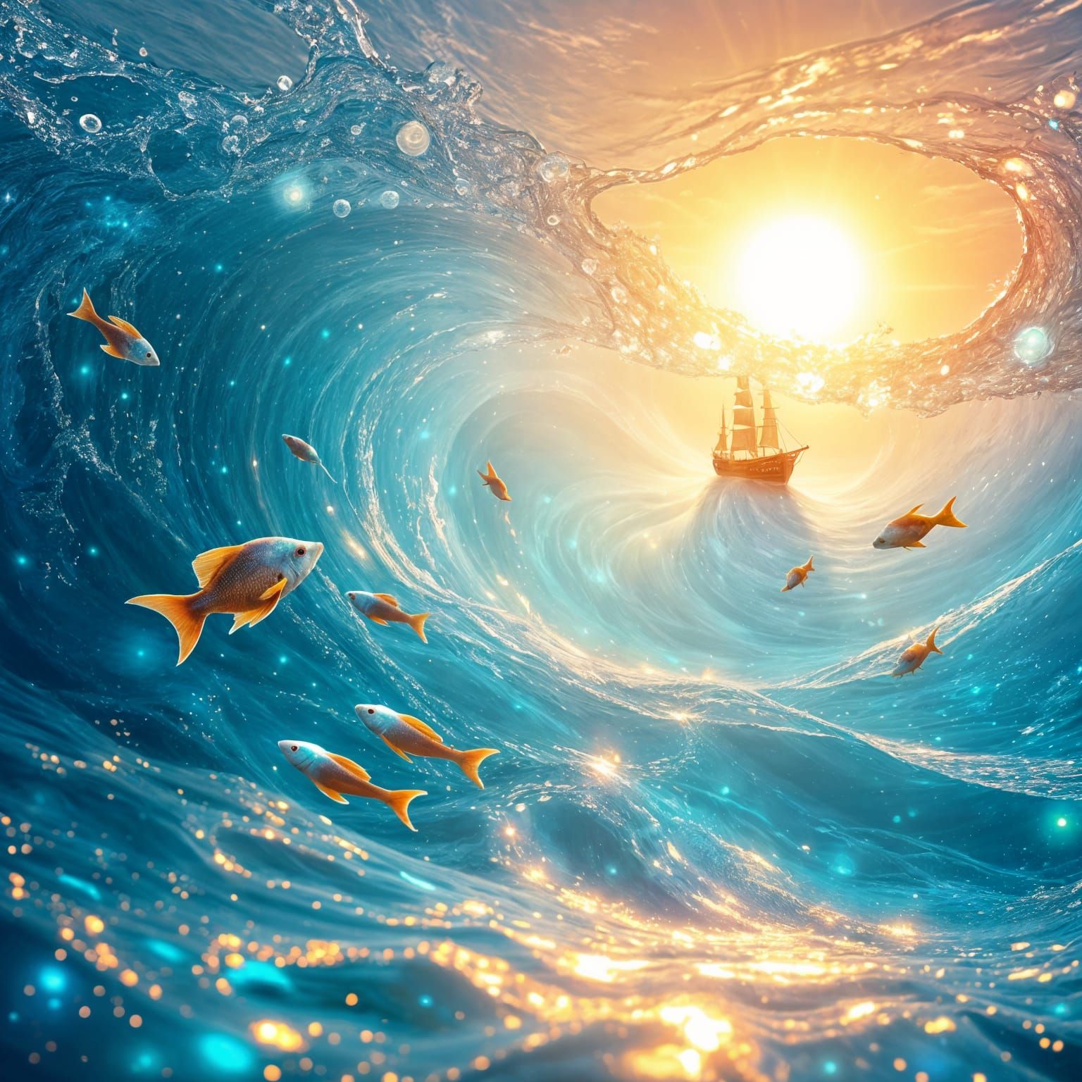 Liquid Light Ocean with Ethereal Vessel