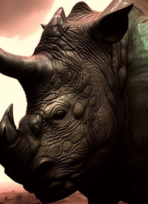 Armored Rhino Portrait in Detailed Fantasy Landscape