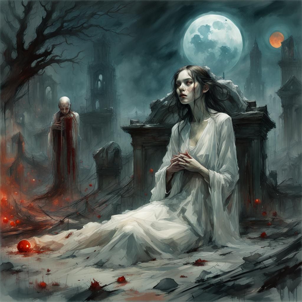 Ethereal Ghosts in Bloodmoon Graveyard: Watercolor Art