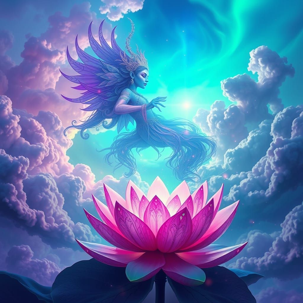 Ethereal Mooksha Ascends Amidst Iridescent Clouds and Bloomi...