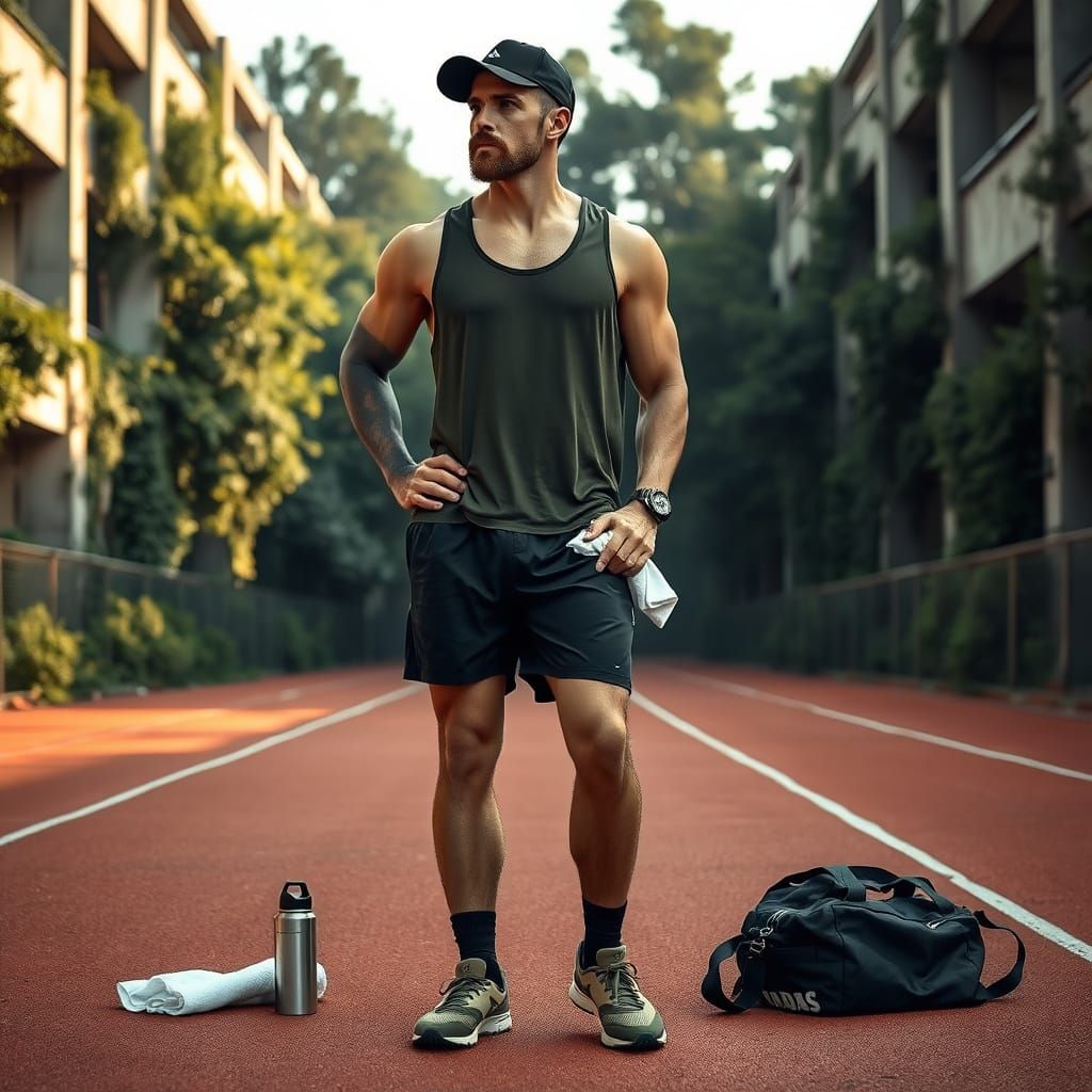 Muscular Man on Running Track with Brutalist Architecture