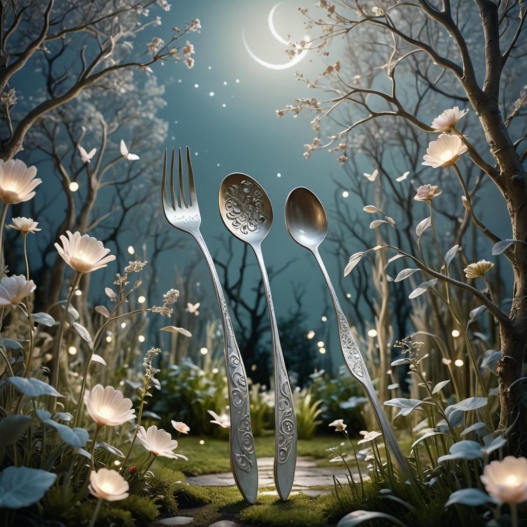 Dancing Silverware in Moonlit Garden: Whimsical Surrealism
