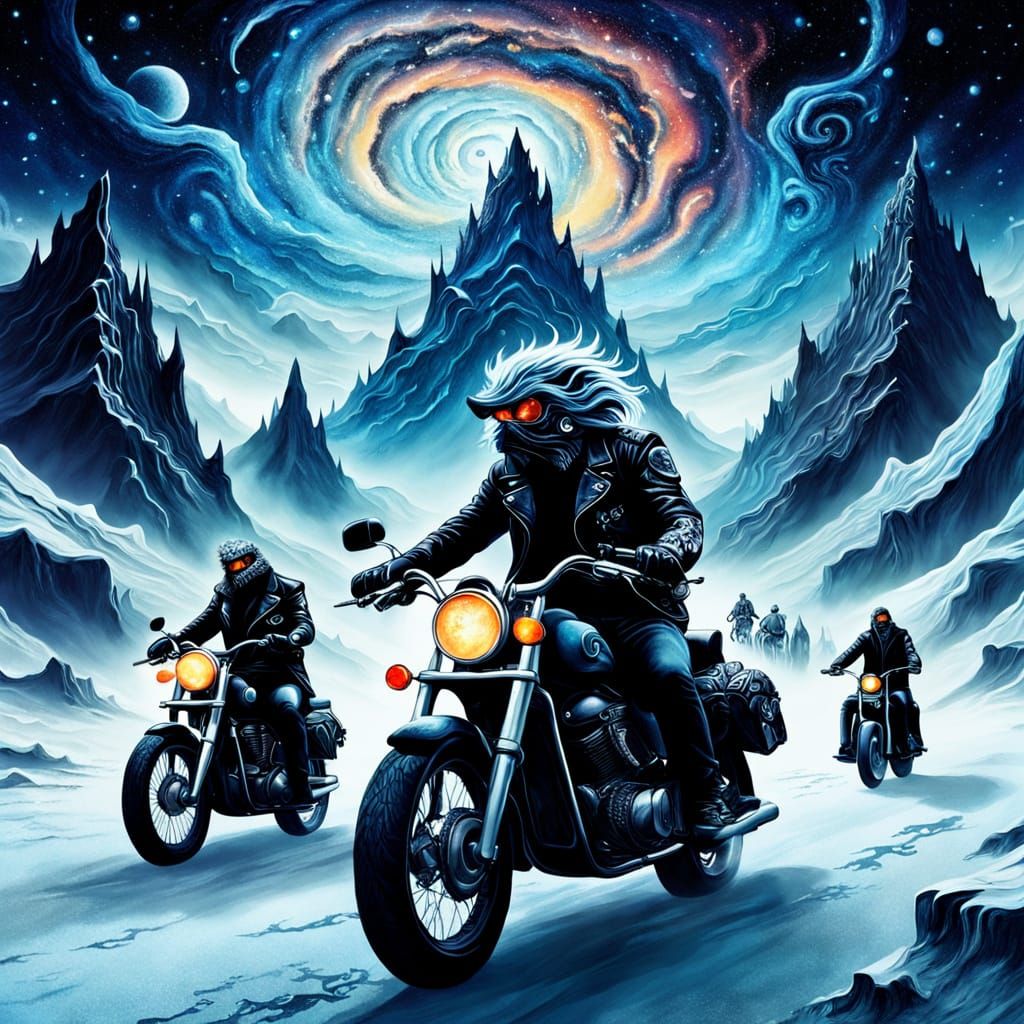 Surreal Biker Gang in Ice Mountainscape