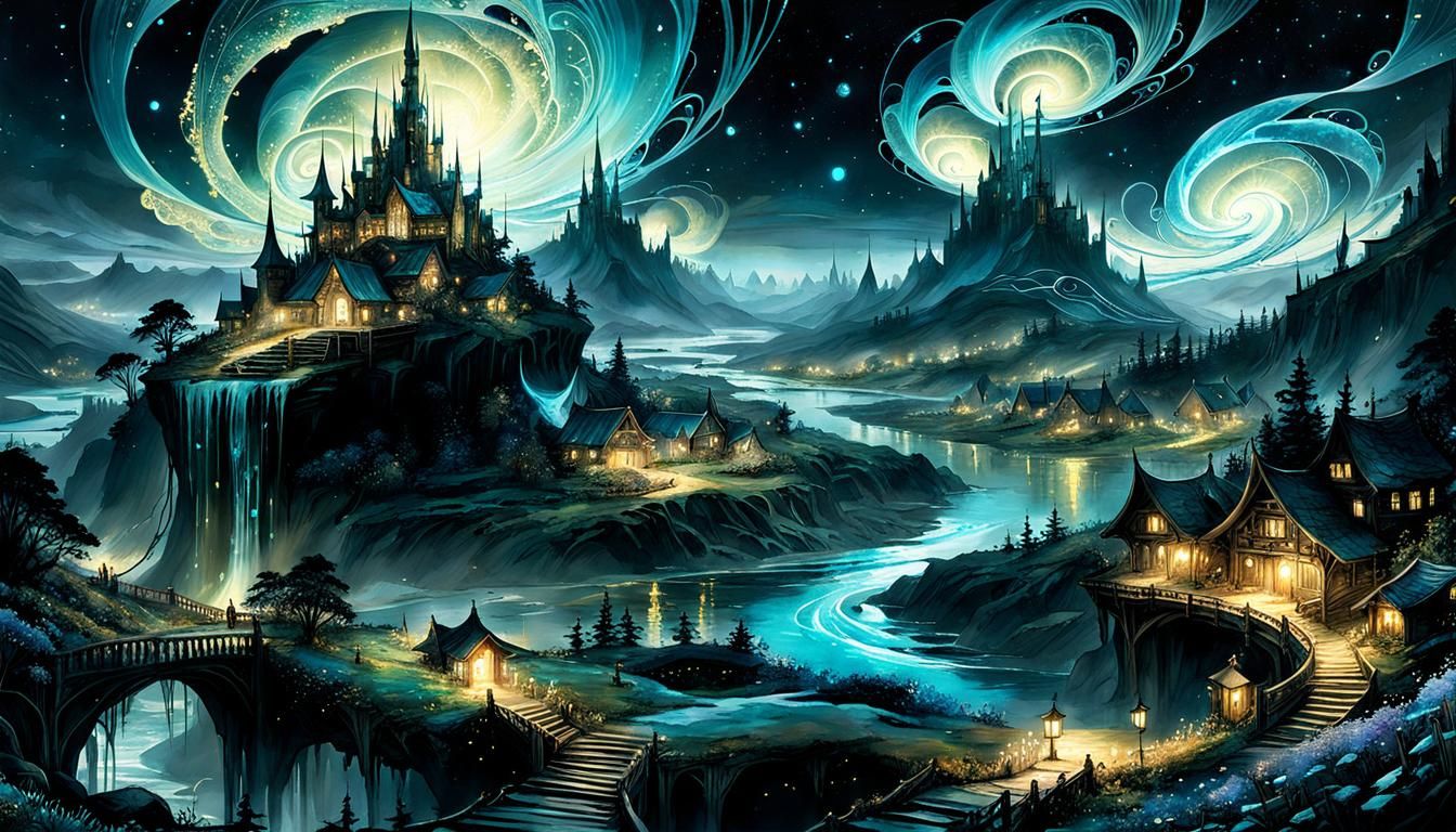 Bioluminescent Elven Kingdom in Watercolor Style