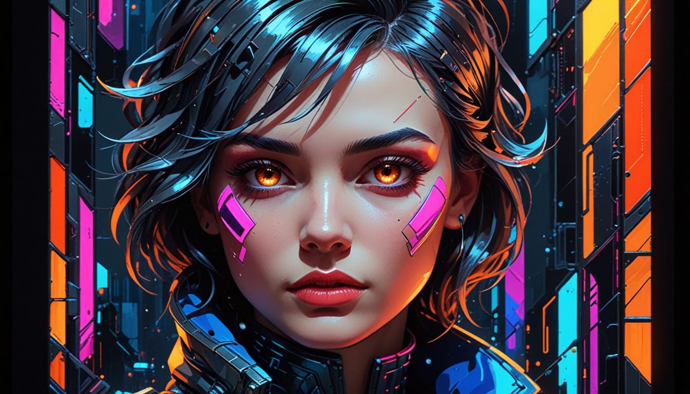 Pop Art Stained Glass Portrait with Cyberpunk Cityscape