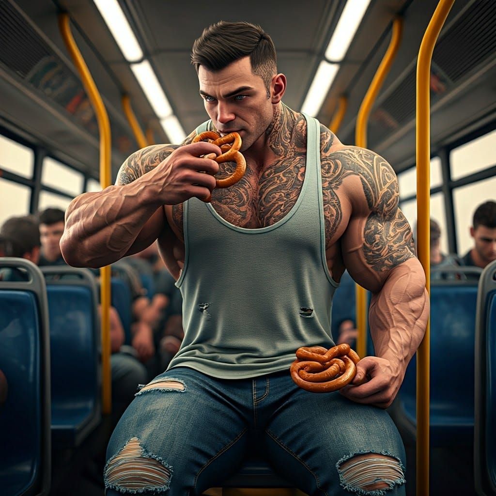 Muscular Man with Tattoos Eating Pretzels on Bus