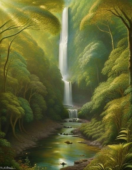 Impressionist Waterfall in a Sunlit Forest