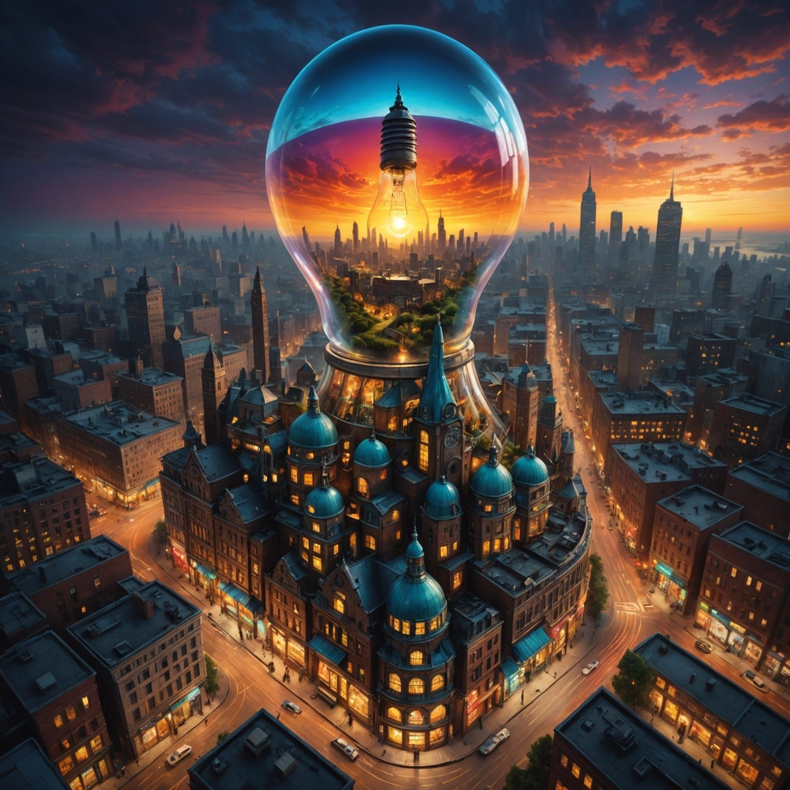 Giant Light Bulb Cityscape in Psychedelic Fantasy Art