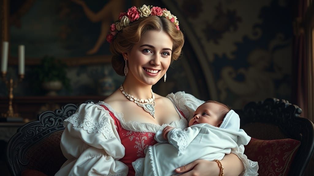 A Duchess Holds a Cherished Infant in a Lavish 1800s Setting