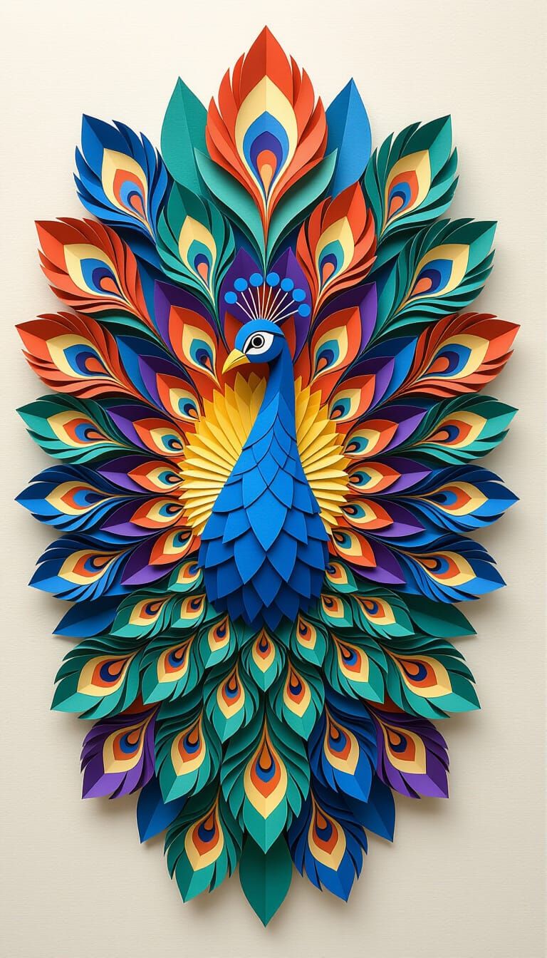Vibrant 3D Paper Peacock in Papercut Artwork Style