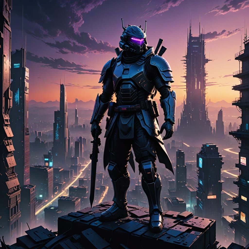 Cyborg Samurai in Gritty, Neon-Lit Metropolis