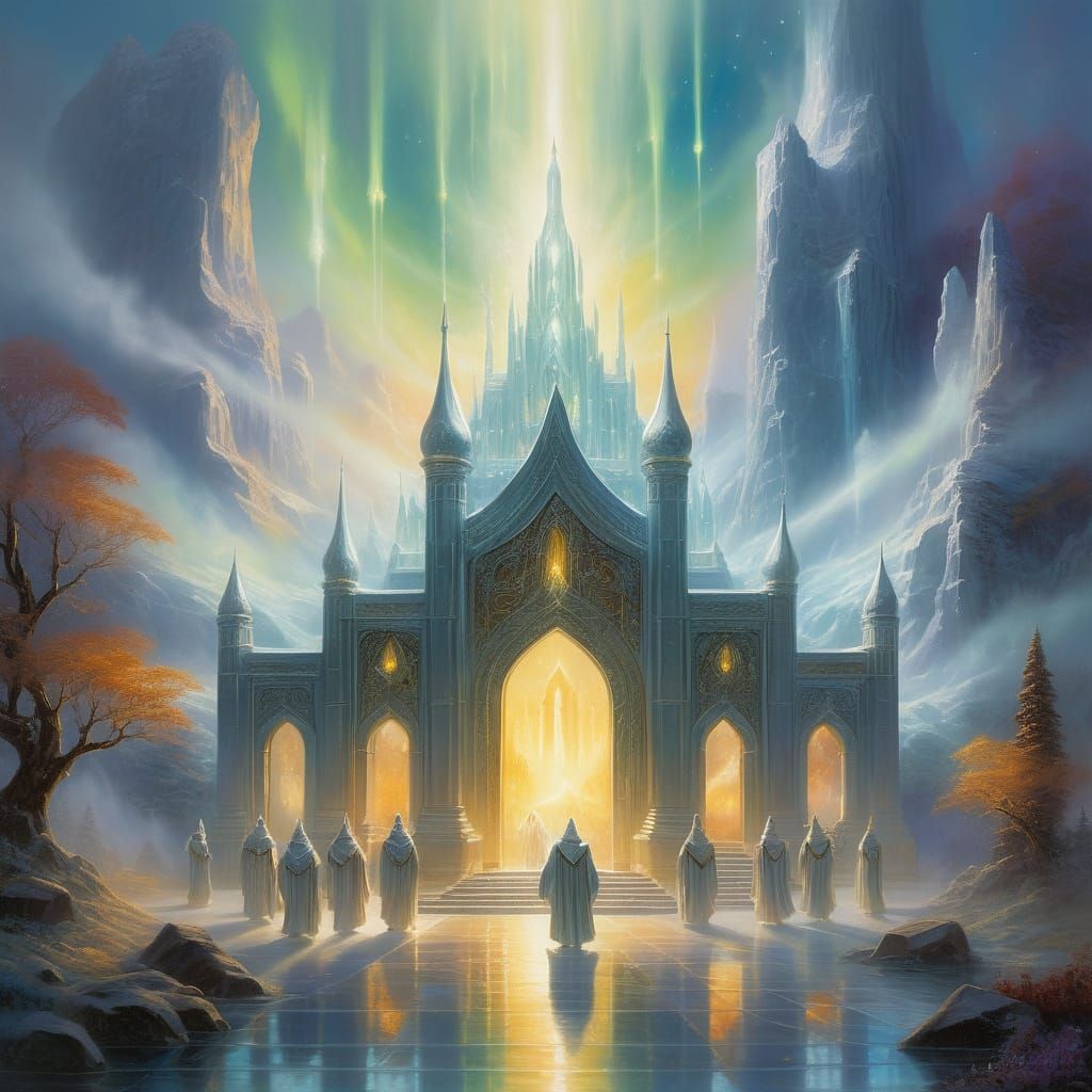 Pilgrims Float to Temple in Ethereal Oil Painting