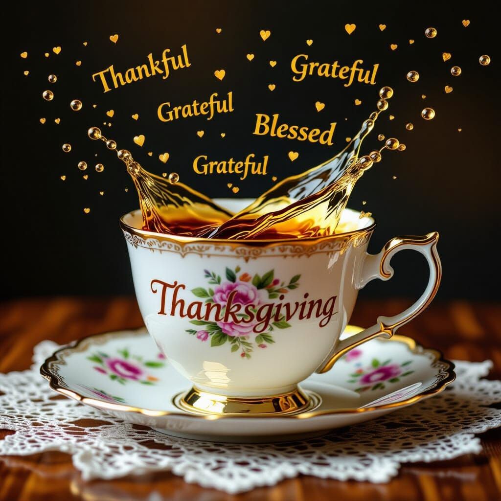 Golden Teacup Overflowing with Gratitude Words