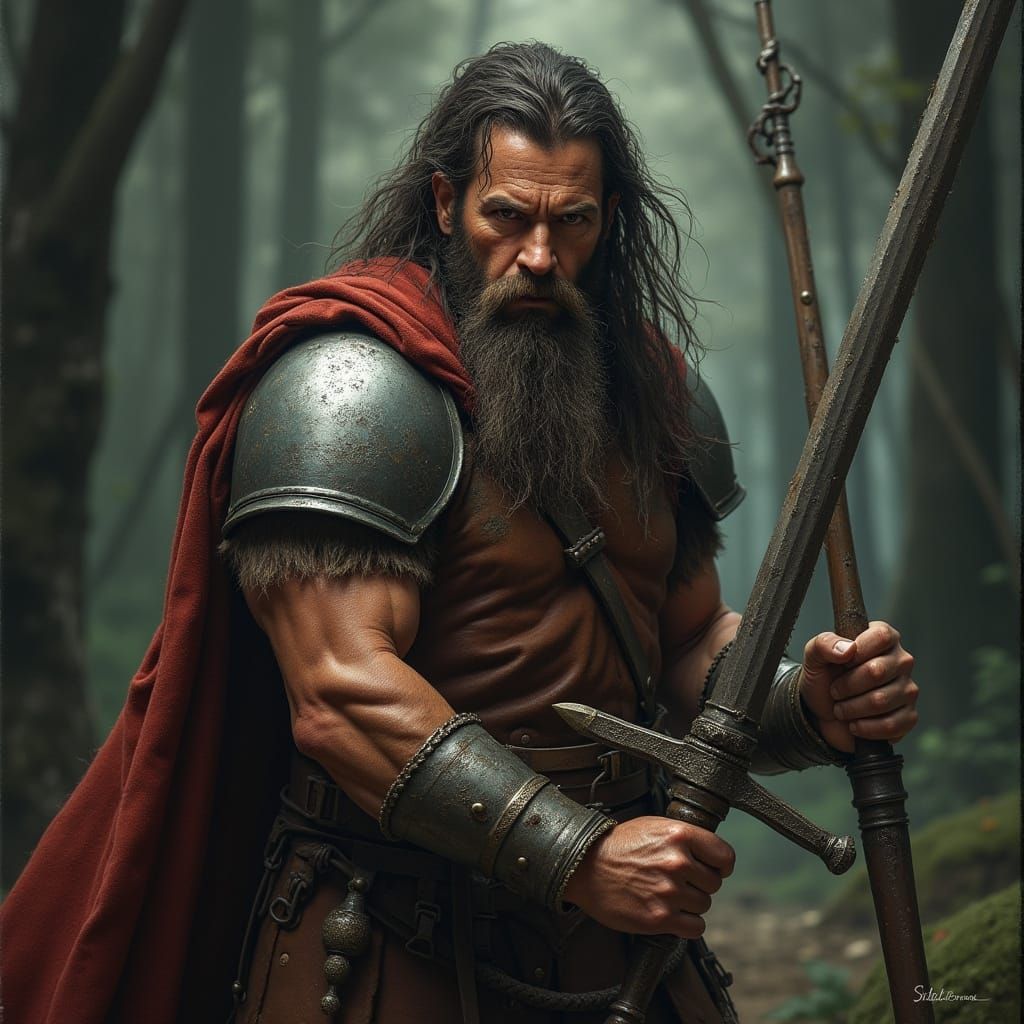 Weathered Warrior Prepares for Battle in Dark Fantasy Landsc...