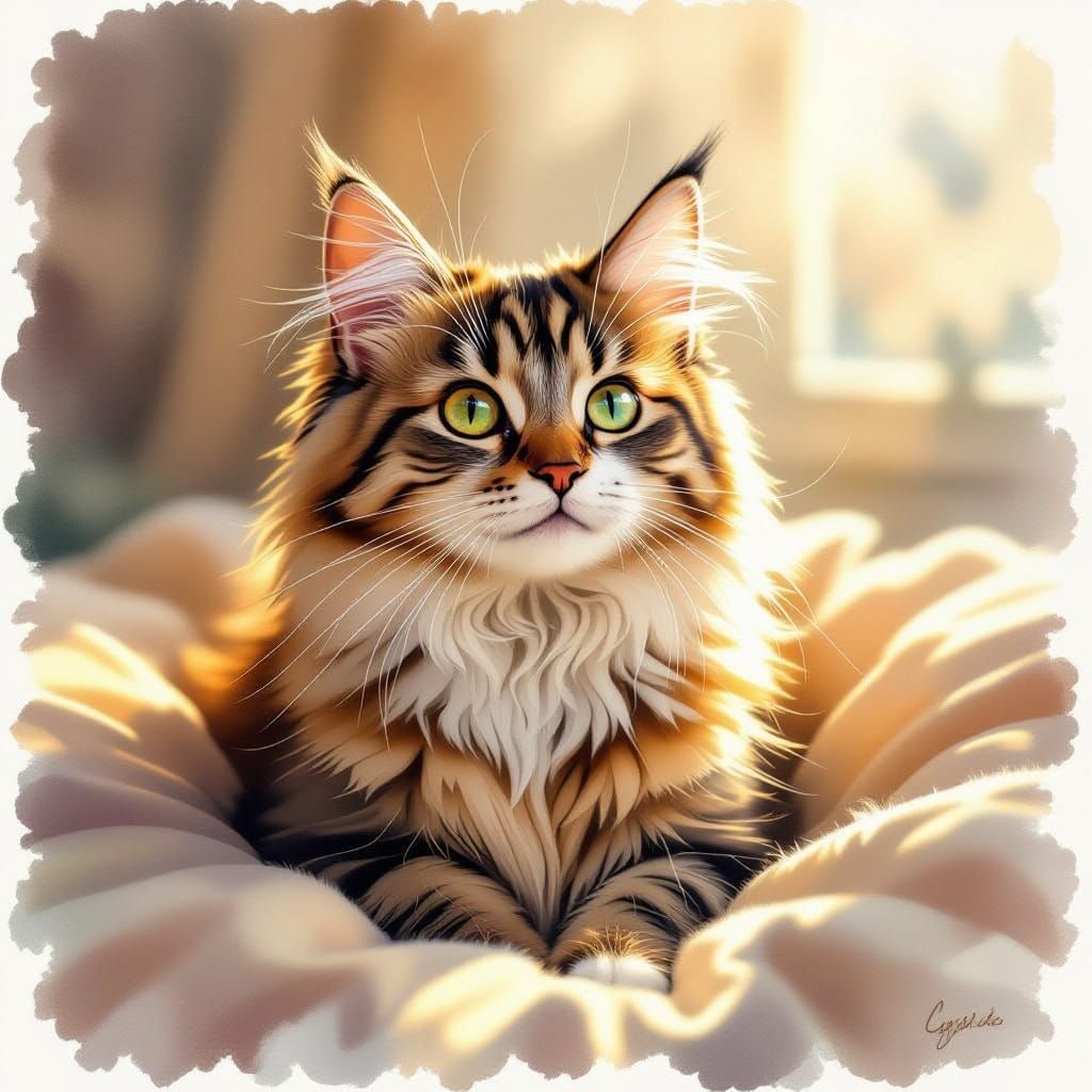 Cozy Feline Basks in Warm Watercolor Light